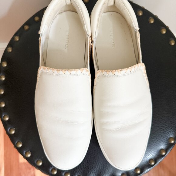 VINCE - Warren Raffia-Trim Leather Sneaker - White - Size 10 - Picture 2 of 14